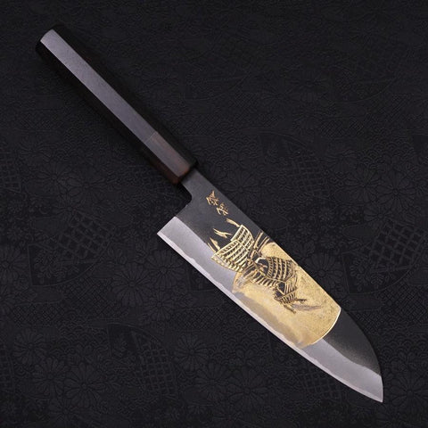 Santoku White Steel #2 Kurouchi Chokin Samurai Full Moon Buffalo Ebony Handle 170mm (6.7”)-[Musashi]-[Japanese-Kitchen-Knives]