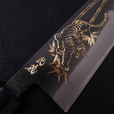 Santoku White Steel #2 Kurouchi Chokin Tiger-Bamboo Buffalo Ebony Handle 170mm (6.7”)-[Musashi]-[Japanese-Kitchen-Knives]