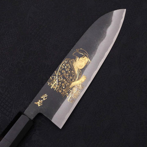 Santoku White Steel #2 Kurouchi Chokin Ukiyo-E Buffalo Ebony Handle 170mm (6.7”)-[Musashi]-[Japanese-Kitchen-Knives]
