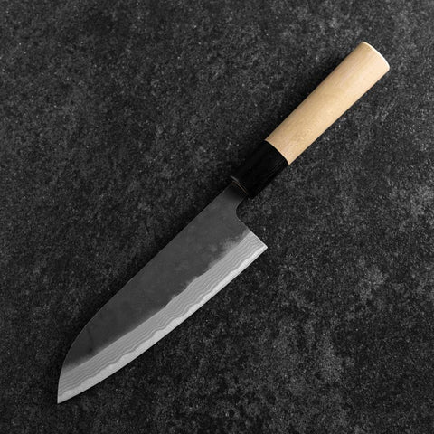 Santoku White Steel #2 Kurouchi Damascus Kurigata Buffalo Magnolia Handle 170mm (6.7”)-[Musashi]-[Japanese-Kitchen-Knives]