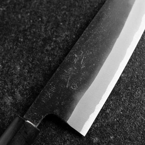 Santoku White Steel #2 Stainless Clad Kurouchi Buffalo Magnolia Handle (Kurigata) 170mm (6.7”)-[Musashi]-[Japanese-Kitchen-Knives]