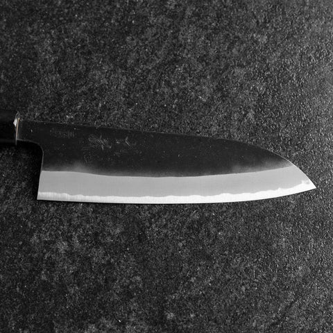 Santoku White Steel #2 Stainless Clad Kurouchi Buffalo Magnolia Handle (Kurigata) 170mm (6.7”)-[Musashi]-[Japanese-Kitchen-Knives]