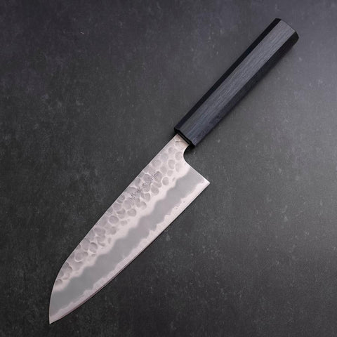 Santoku White Steel #2 Tsuchime Dark Blue Urushi Handle 165mm (6.5”)-[Musashi]-[Japanese-Kitchen-Knives]