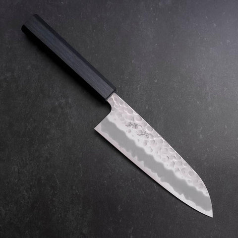 Santoku White Steel #2 Tsuchime Dark Blue Urushi Handle 165mm (6.5”)-[Musashi]-[Japanese-Kitchen-Knives]