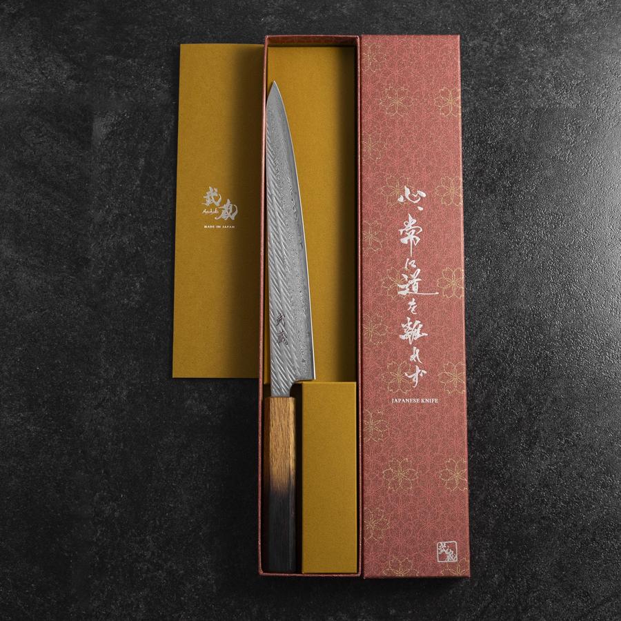 Sujihiki AUS-10 Nawame Damascus Yaki Urushi Handle 240mm (9.4”)-[Musashi]-[Japanese-Kitchen-Knives]