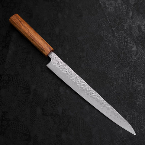 Sujihiki AUS-10 Tsuchime Damascus Oak Handle 240mm (9.4”)-[Musashi]-[Japanese-Kitchen-Knives]