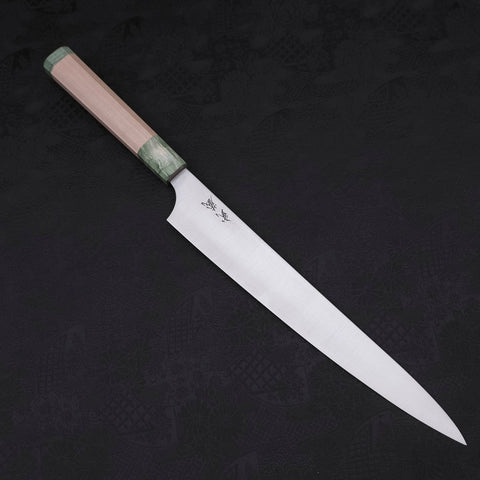 Sujihiki Blue Super Polished Maple Green Handle 270mm (10.6”)-[Musashi]-[Japanese-Kitchen-Knives]