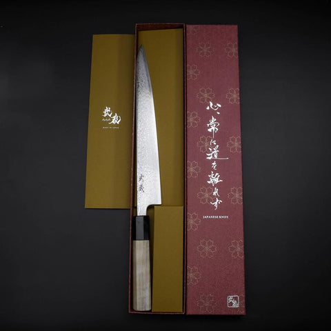 Sujihiki SLD Wave Damascus Buffalo Magnolia Handle 240mm (9.4”)-[Musashi]-[Japanese-Kitchen-Knives]