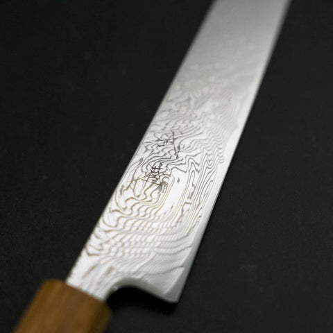 Sujihiki SLD Wave Damascus Oak Handle 240mm (9.4”)-[Musashi]-[Japanese-Kitchen-Knives]