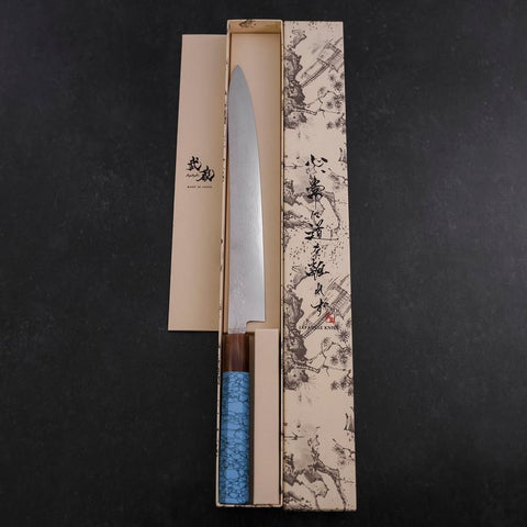 Sujihiki Silver Steel #3 Nickel Damascus Buffalo Turquoise Handle 270mm (10.6”)-[Musashi]-[Japanese-Kitchen-Knives]