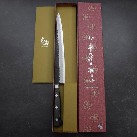Sujihiki Stainless Clad Blue Super Kurouchi Tsuchime Western Brown Handle 240mm (9.4”)-[Musashi]-[Japanese-Kitchen-Knives]
