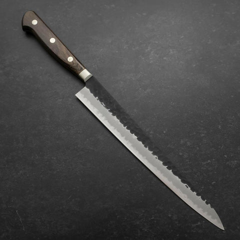 Sujihiki Stainless Clad Blue Super Kurouchi Tsuchime Western Brown Handle 240mm (9.4”)-[Musashi]-[Japanese-Kitchen-Knives]