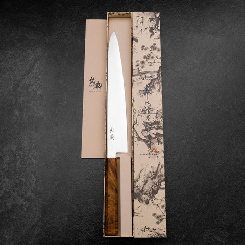 Sujihiki VG-10 Damascus Yellow-Brown Birch Handle 270mm (10.6”)-[Musashi]-[Japanese-Kitchen-Knives]