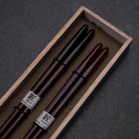 Urushi Ariake Lacquered Wooden Chopsticks Set 210mm Red and 230mm Black with Paulownia Wooden Box (8.3”)-[Musashi]-[Japanese-Kitchen-Knives]