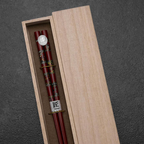 Urushi Gasumi Lacquered Wooden Chopsticks 210mm Red with Paulownia Wooden Box (8.3”)-[Musashi]-[Japanese-Kitchen-Knives]