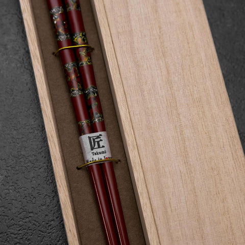 Urushi Gasumi Lacquered Wooden Chopsticks 210mm Red with Paulownia Wooden Box (8.3”)-[Musashi]-[Japanese-Kitchen-Knives]