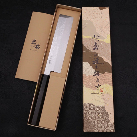 Usuba(Kanto) Blue Steel #2 Suminagashi Buffalo Ebony Handle 180mm (7”)-[Musashi]-[Japanese-Kitchen-Knives]