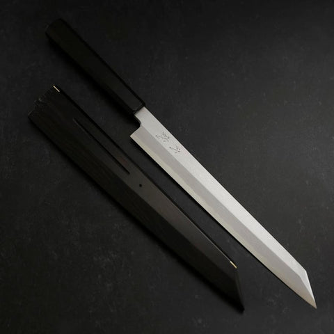 Yanagi Kiritsuke Blue Steel #1 Suminagashi Buffalo Ebony Handle With Sheath 270mm (10.6”)-[Musashi]-[Japanese-Kitchen-Knives]