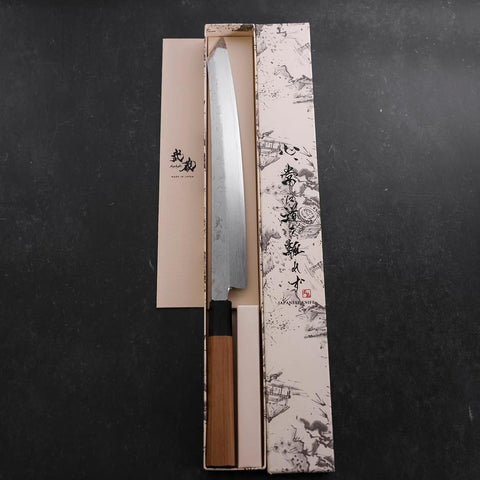 Yanagi Kiritsuke Silver Steel #3 Damascus Mirror Buffalo Teak Handle 300mm (11.8”)-[Musashi]-[Japanese-Kitchen-Knives]
