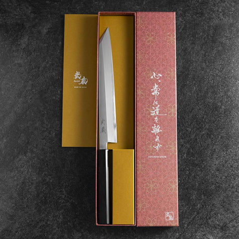 Yanagi Kiritsuke White Steel #2 Kasumi Buffalo Ebony Handle 240mm (9.4”)-[Musashi]-[Japanese-Kitchen-Knives]