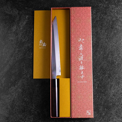 Yanagi Kiritsuke White Steel #2 Mirror Buffalo Ebony Handle 235mm (9.3”)-[Musashi]-[Japanese-Kitchen-Knives]