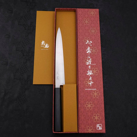 Yanagiba AUS-8 Polished Dark Blue Urushi Handle 210mm (8.3”)-[Musashi]-[Japanese-Kitchen-Knives]