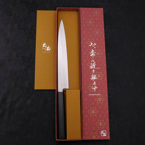 Yanagiba AUS-8 Polished Dark Blue Urushi Handle 240mm (9.4”)-[Musashi]-[Japanese-Kitchen-Knives]