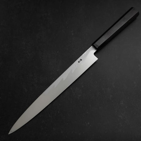 Yanagiba Blue Steel #1 Suminagashi Buffalo Ebony Handle With Sheath 270mm (10.6”)-[Musashi]-[Japanese-Kitchen-Knives]