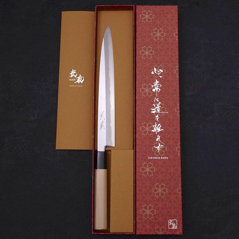 Yanagiba Blue Steel #2 Kasumi Buffalo Handle 240mm (9.4”)-[Musashi]-[Japanese-Kitchen-Knives]