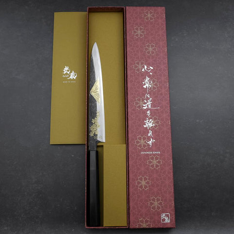Yanagiba Blue Steel #2 Kurouchi Chokin Sakura-Fuji Buffalo Ebony Handle 210mm (8.3”)-[Musashi]-[Japanese-Kitchen-Knives]