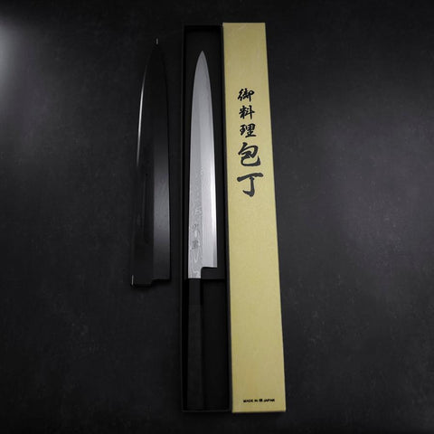 Yanagiba Blue Steel #1 Suminagashi Buffalo Ebony Handle With Sheath 330mm-[Musashi]-[Japanese-Kitchen-Knives]