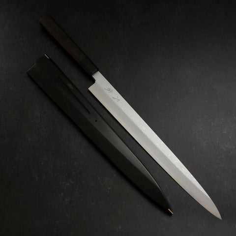 Yanagiba Blue Steel #1 Suminagashi Buffalo Ebony Handle With Sheath 330mm-[Musashi]-[Japanese-Kitchen-Knives]