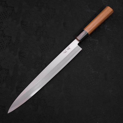 Yanagiba Left Hand AUS-10 Polished Buffalo Teak Handle 270mm (10.6”)-[Musashi]-[Japanese-Kitchen-Knives]