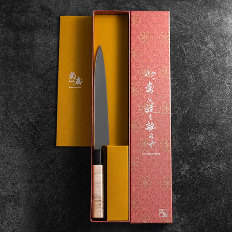 Yanagiba Left-Hand Silver Steel #3 Kasumi Buffalo Magnolia Handle 210mm (8.3”)-[Musashi]-[Japanese-Kitchen-Knives]