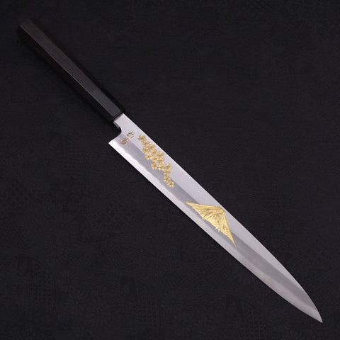 Yanagiba White Steel #2 Kasumi Chokin Sakura-Fuji Buffalo Ebony Handle 270mm (10.6”)-[Musashi]-[Japanese-Kitchen-Knives]