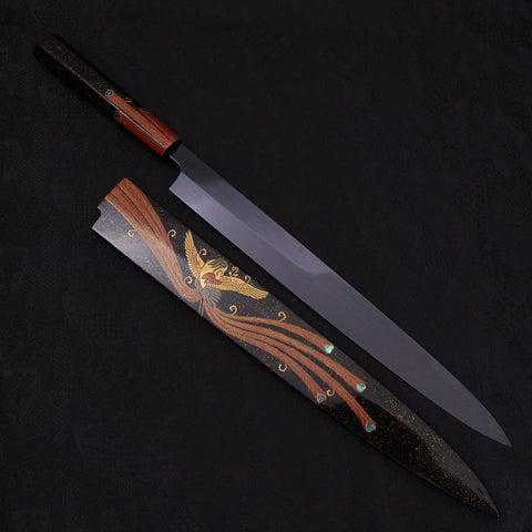 Yanagiba White Steel #2 Black Mirror Moon-Fuji Water Honyaki Urushi Handle With Urushi Sheath 330mm-[Musashi]-[Japanese-Kitchen-Knives]