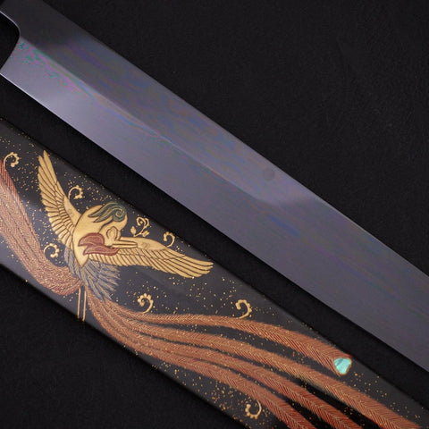 Yanagiba White Steel #2 Black Mirror Moon-Fuji Water Honyaki Urushi Handle With Urushi Sheath 330mm-[Musashi]-[Japanese-Kitchen-Knives]